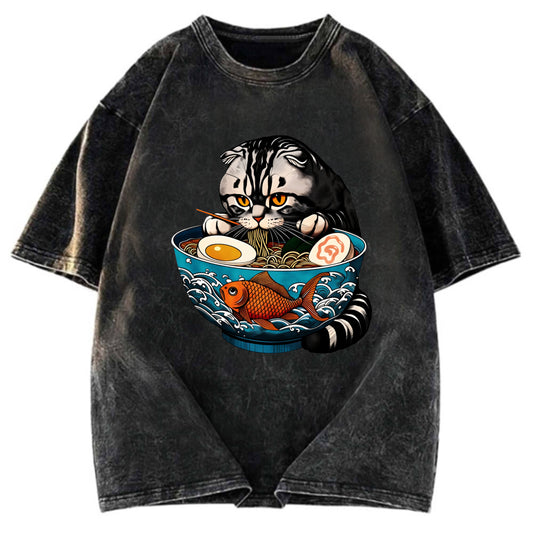 Tokyosol American Shorthair Cat Eating Ramen Washed T Shirt