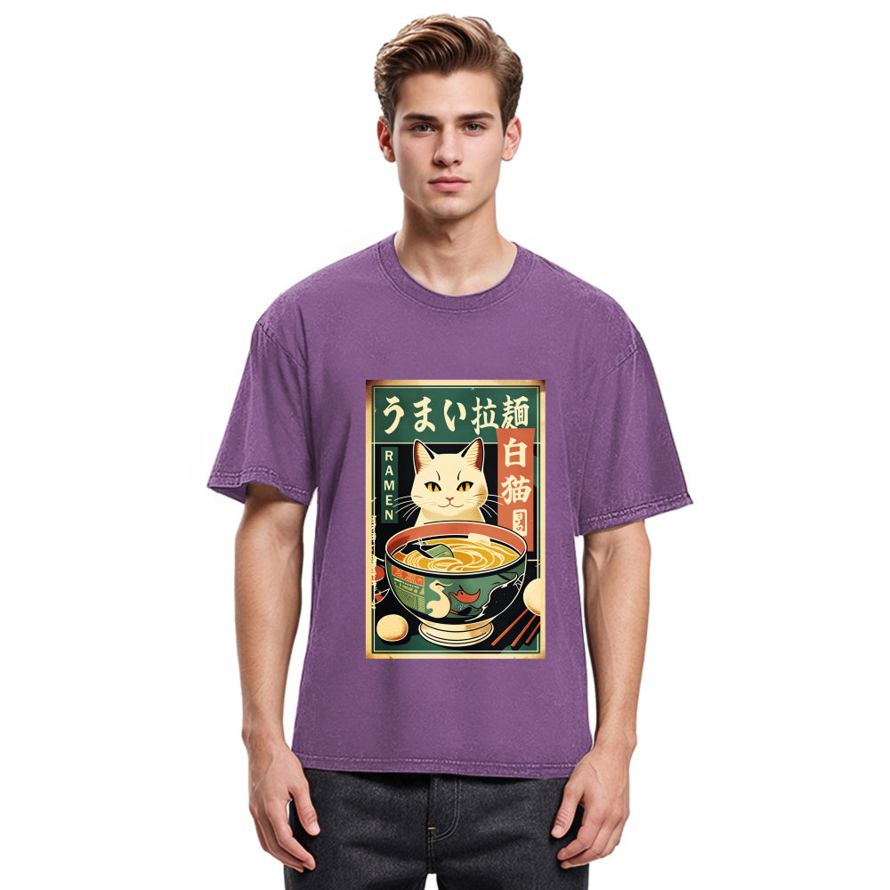 Tokyosol White Cat Eating Ramen Washed T Shirt