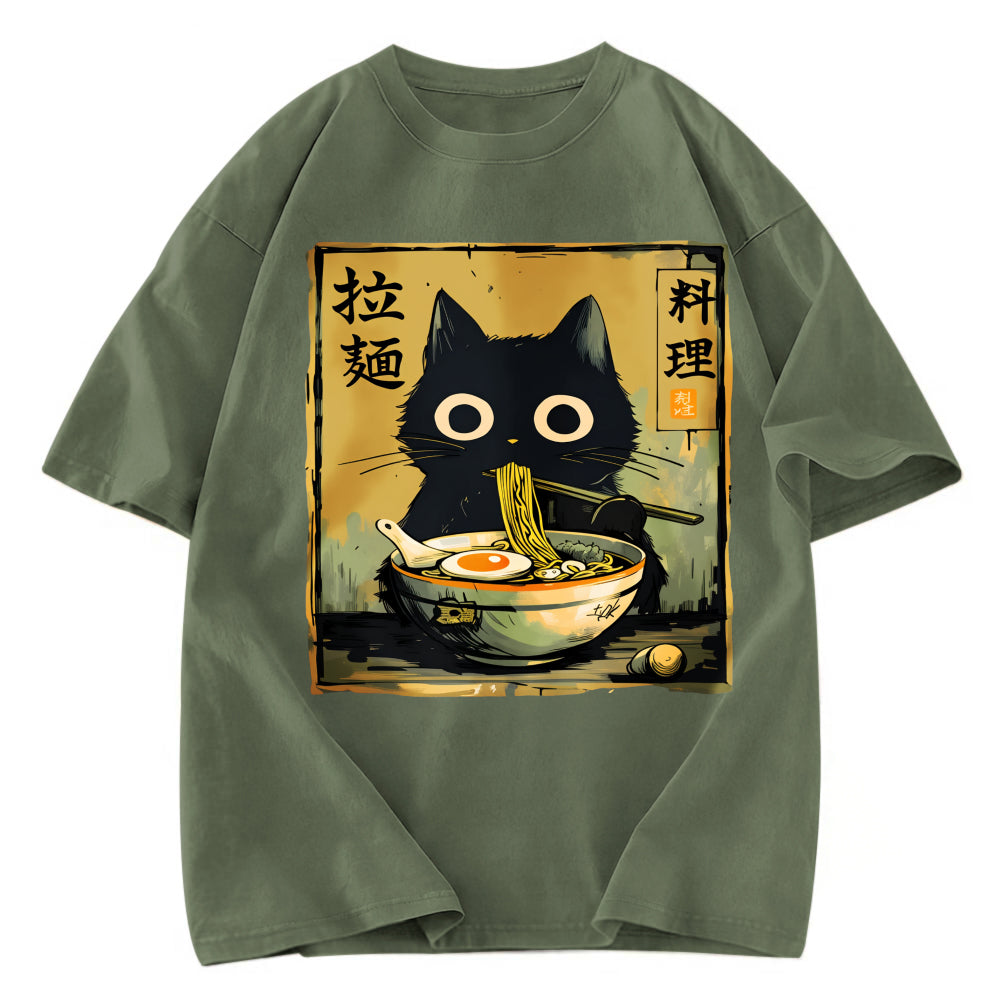 Tokyosol Cute Black Cat Eating Ramen Washed T-Shirt