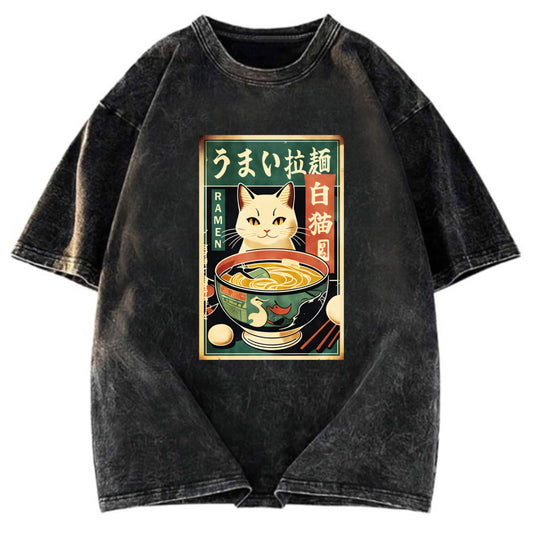 Tokyosol White Cat Eating Ramen Washed T Shirt