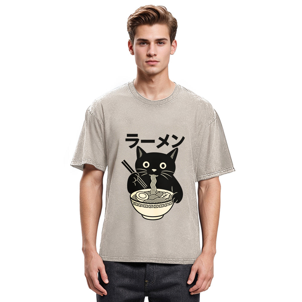 Tokyosol Simple Black Cat Eating Ramen Washed T Shirt