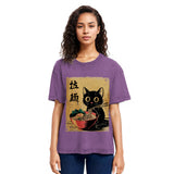 Tokyosol Retro Black Cat Eating Ramen Washed T Shirt