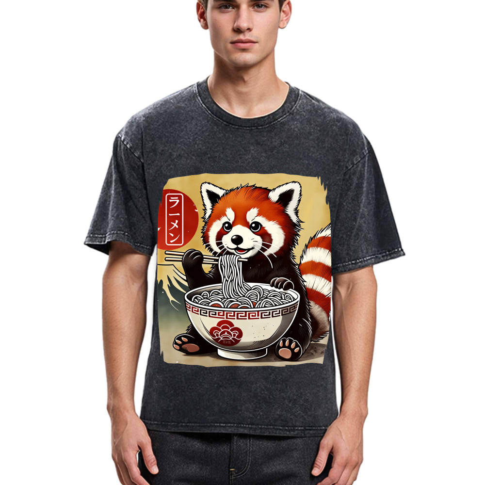 Tokyosol Cute Raccoon Eating Ramen Washed T Shirt