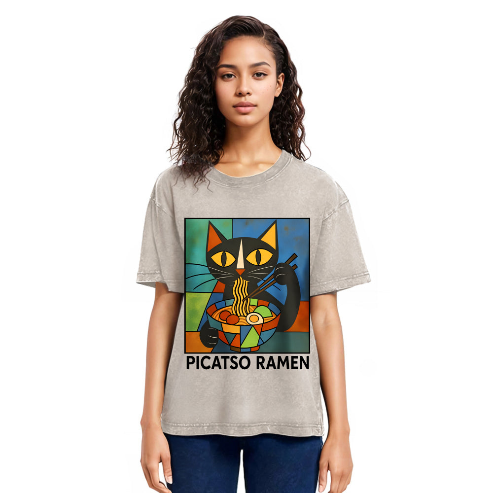 Tokyosol Abstract Cat Eating Ramen Washed T Shirt