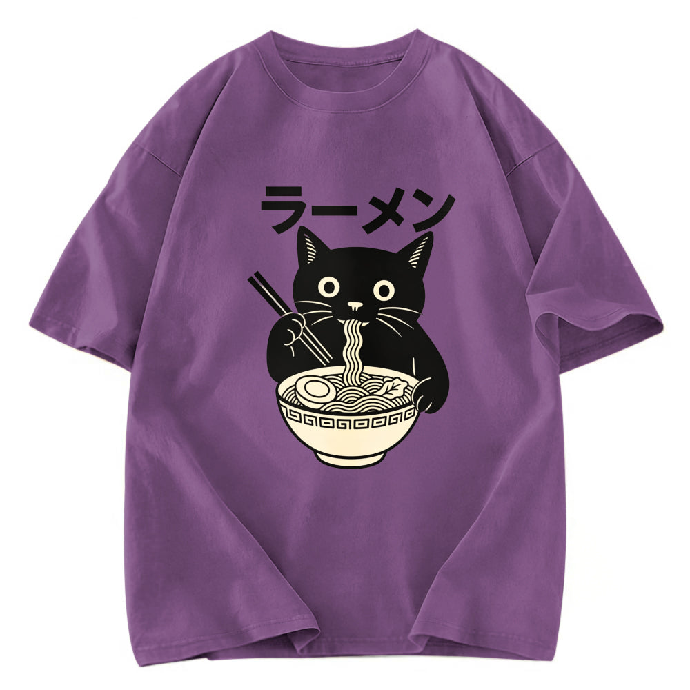 Tokyosol Simple Black Cat Eating Ramen Washed T Shirt