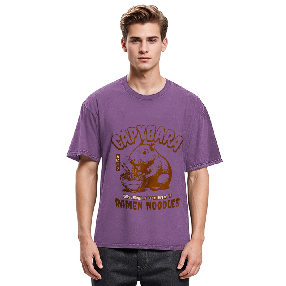 Tokyosol Retro Capybara Eating Ramen Washed T Shirt
