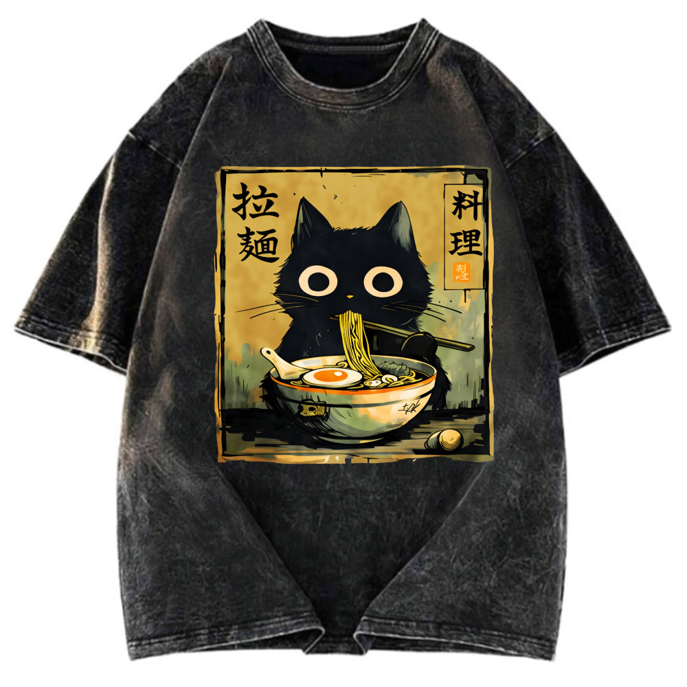 Tokyosol Cute Black Cat Eating Ramen Washed T-Shirt