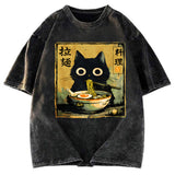 Tokyosol Cute Black Cat Eating Ramen Washed T-Shirt