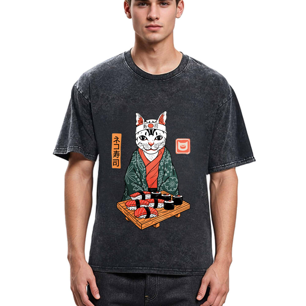 Tokyosol Neko Sushi Japan Culture Creative Washed T Shirt