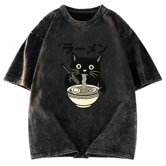Tokyosol Simple Black Cat Eating Ramen Washed T Shirt