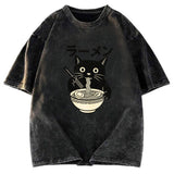 Tokyosol Simple Black Cat Eating Ramen Washed T Shirt
