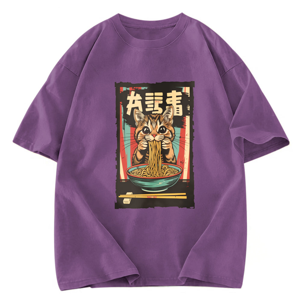 Tokyosol Kawaii Ramen Orange Cat Vintage Japanese Washed T Shirt