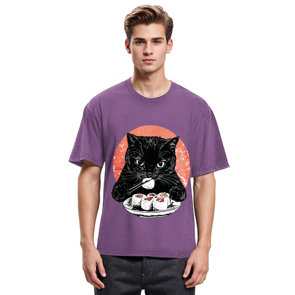 Tokyosol Cat Eating Delicious Sushi Washed T Shirt