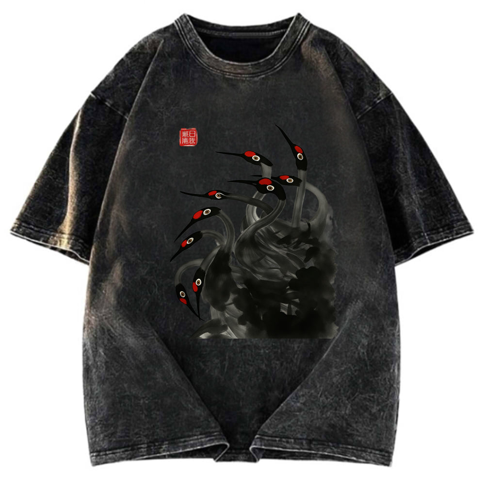Tokyosol Retro Red Crowned Crane Washed T Shirt