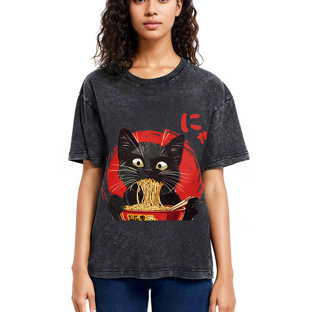 Tokyosol Japanese Ramen Black Cat Washed T Shirt