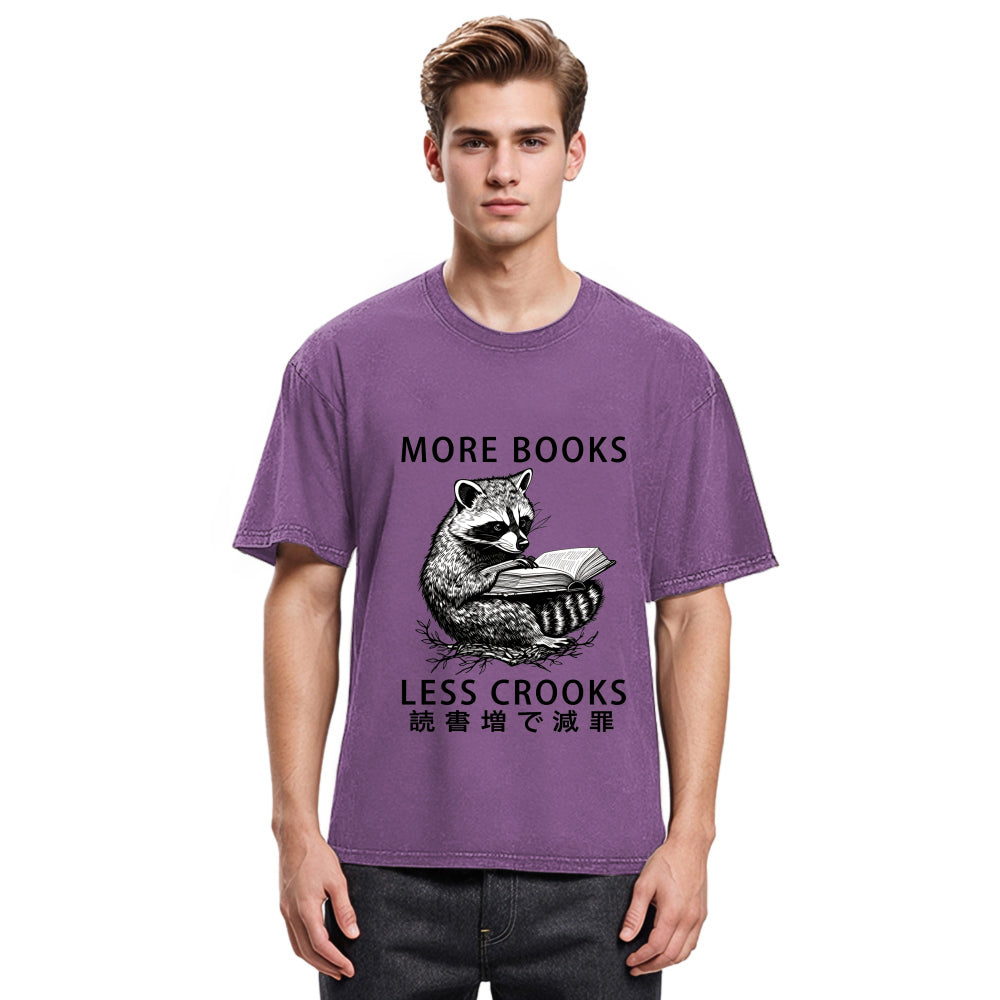 Tokyosol Raccoon Reading Books Less Crooks Washed T Shirt