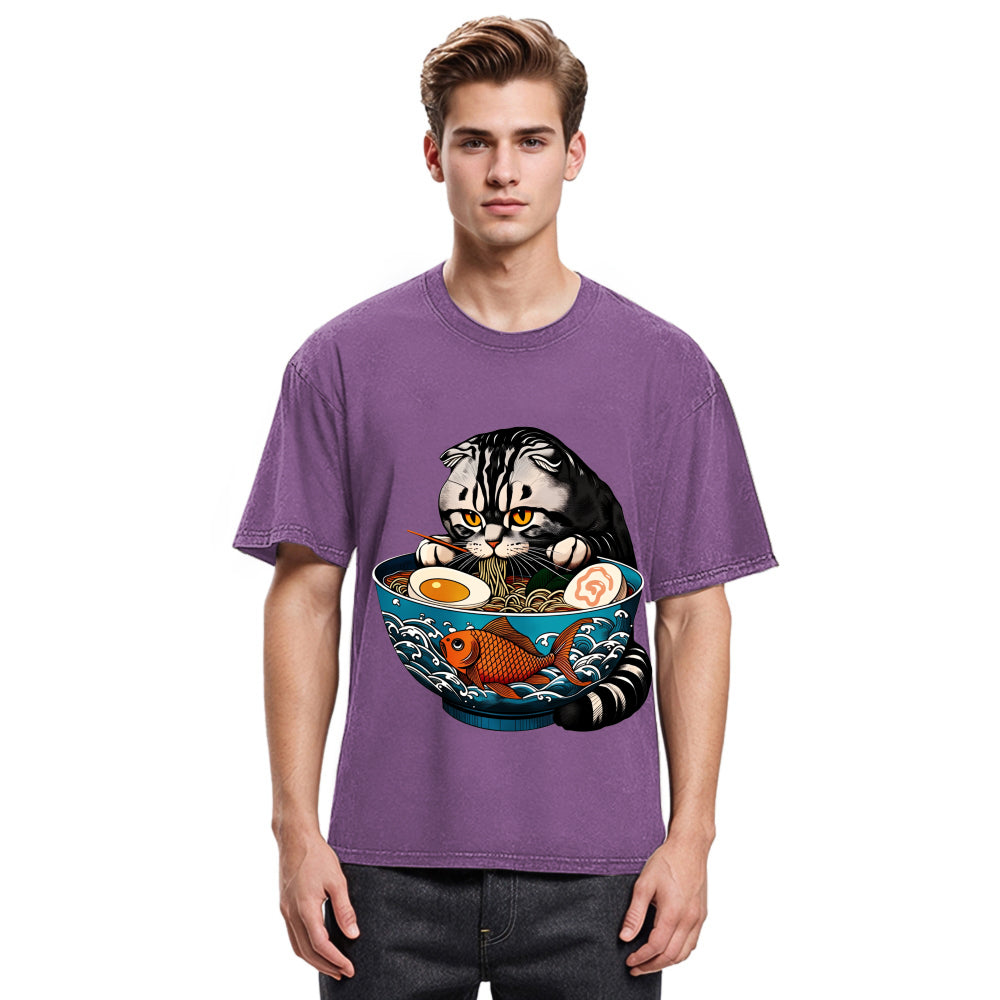 Tokyosol American Shorthair Cat Eating Ramen Washed T Shirt