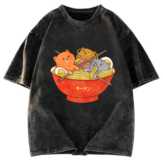 Tokyosol Cute Cat Ramen Washed T Shirt