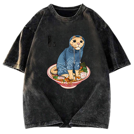 Tokyosol Japanese Cat On Ramen Washed T Shirt