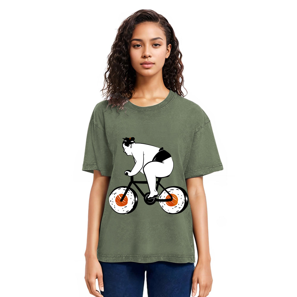 Tokyosol Sumo Riding A Sushi Bike Washed T Shirt