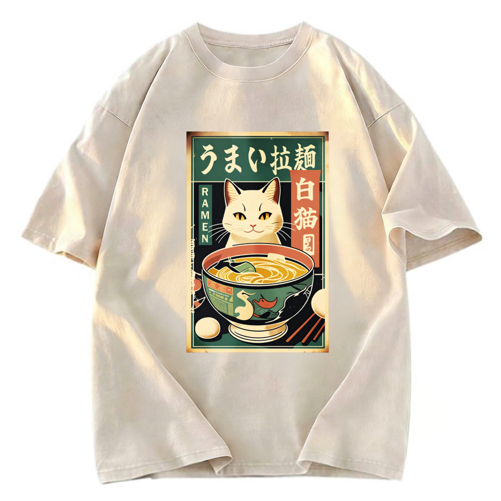 Tokyosol White Cat Eating Ramen Washed T Shirt