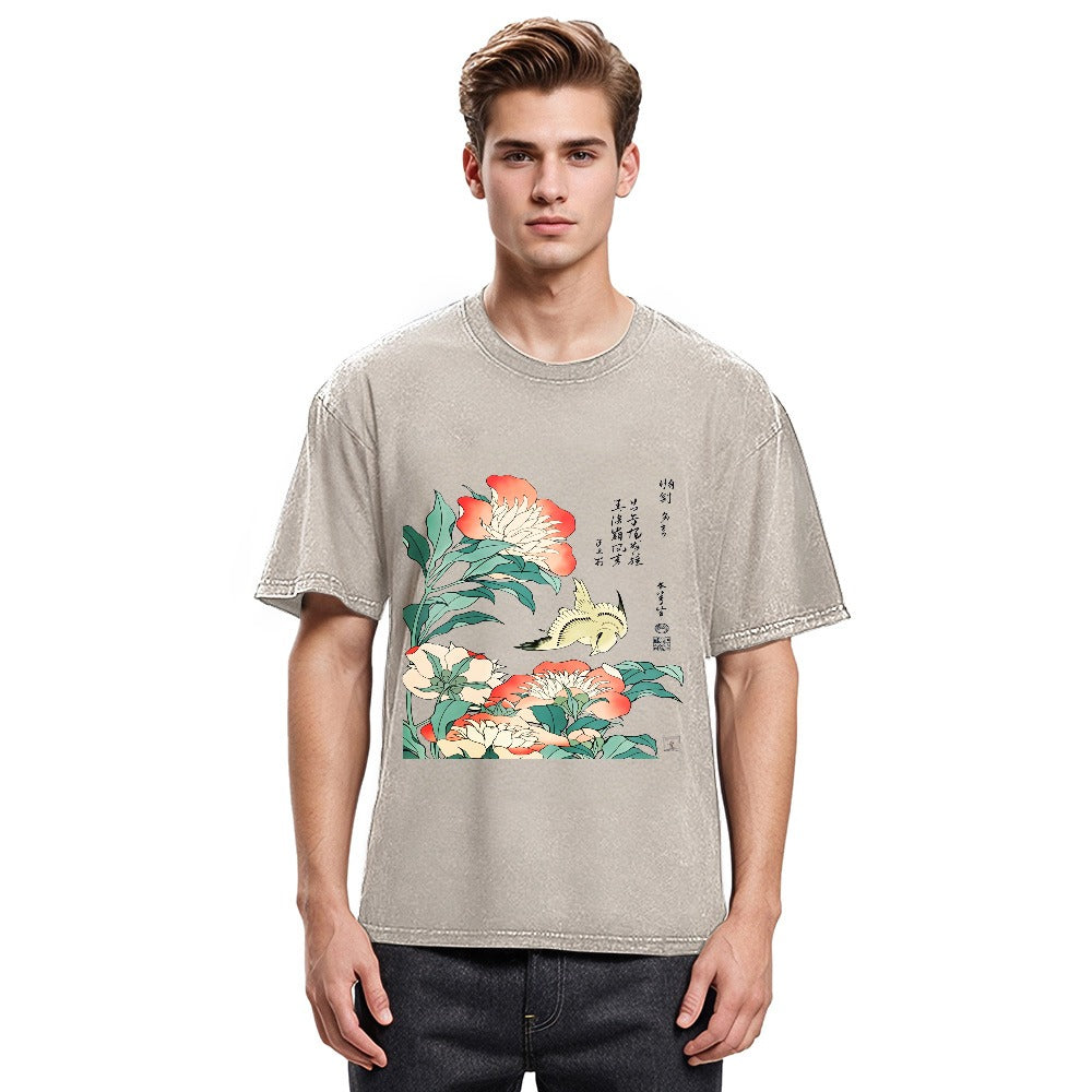 Tokyosol Hokusai Flowers Peonies Bird Washed T Shirt