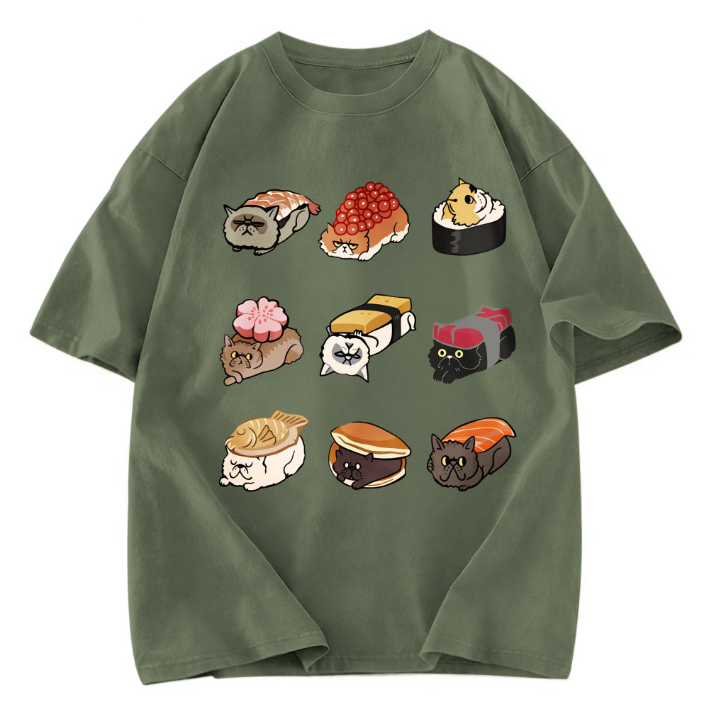 Tokyosol Cute Cat Sushi Washed T Shirt