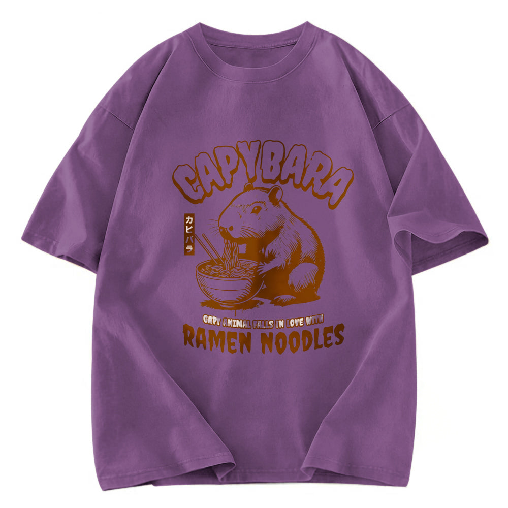Tokyosol Retro Capybara Eating Ramen Washed T Shirt