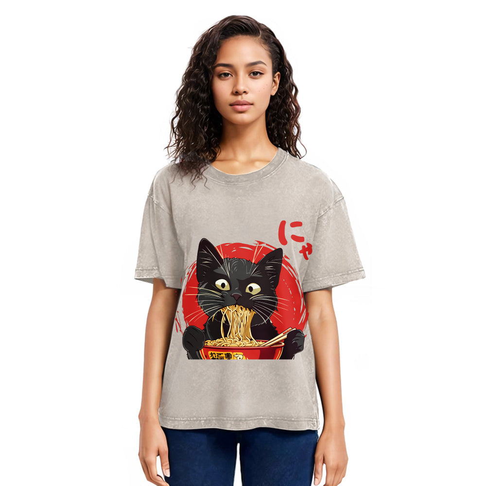 Tokyosol Japanese Ramen Black Cat Washed T Shirt