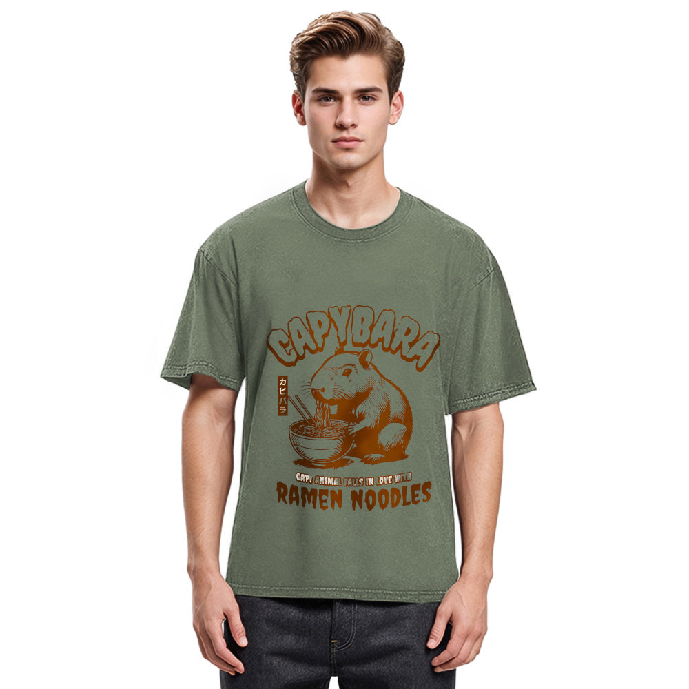 Tokyosol Retro Capybara Eating Ramen Washed T Shirt