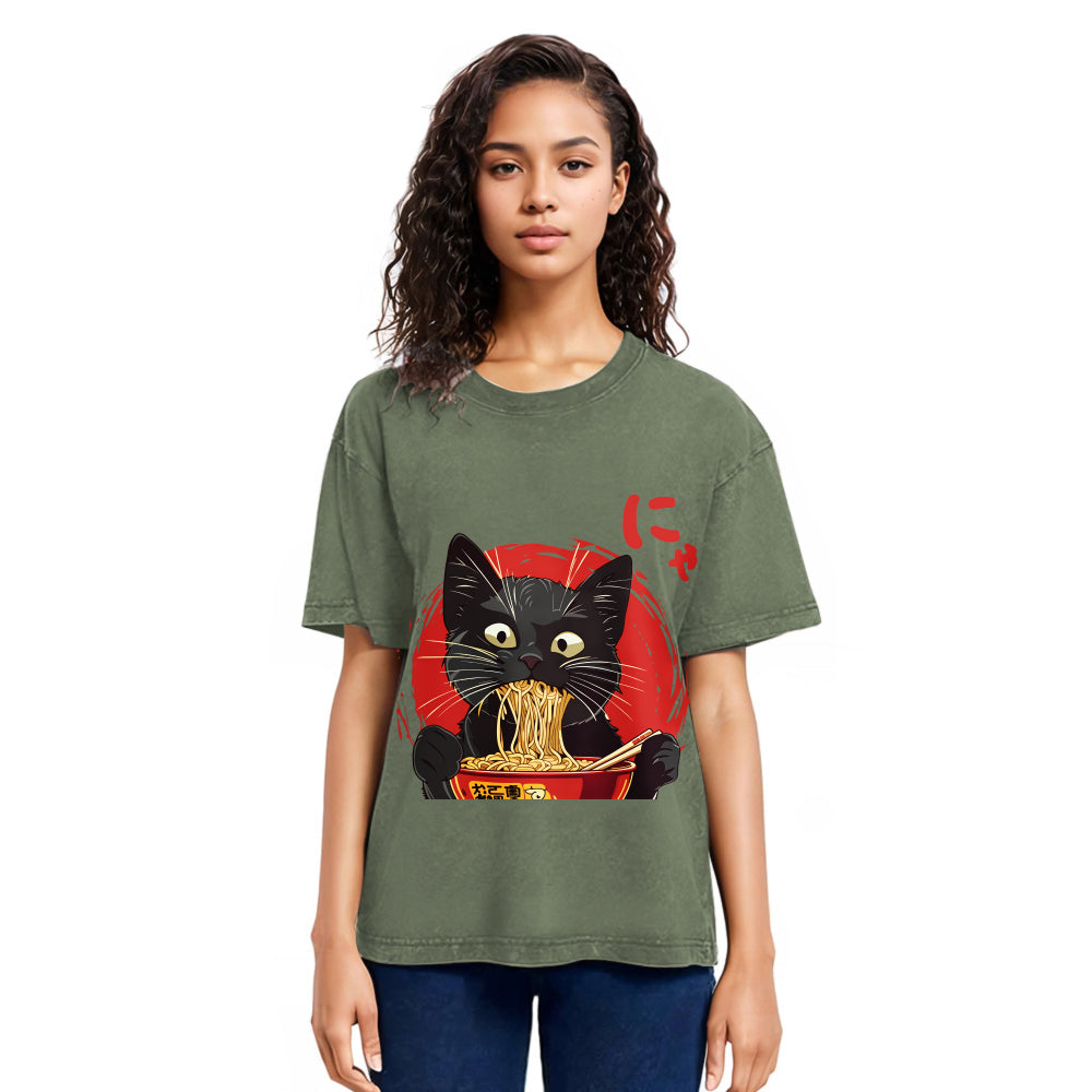 Tokyosol Japanese Ramen Black Cat Washed T Shirt