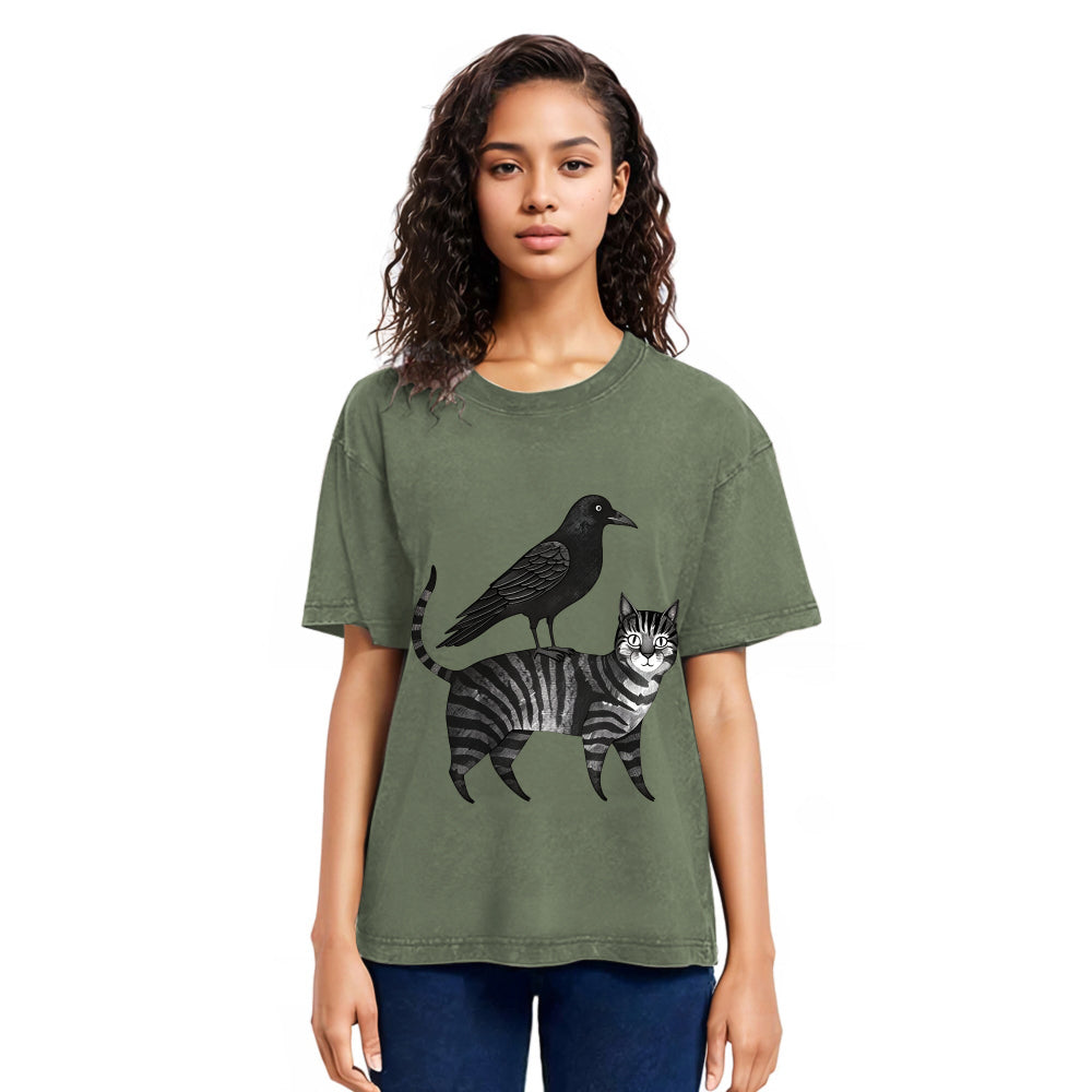Tokyosol Crow Riding A Cat Washed T Shirt