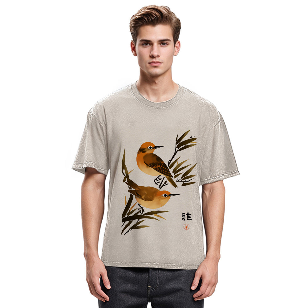 Tokyosol Sparrows Among Bamboo Washed T Shirt