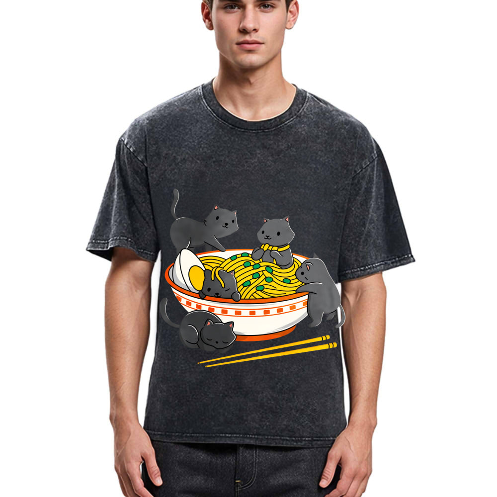 Tokyosol Kawaii Anime Cat Japanese Ramen Washed T Shirt