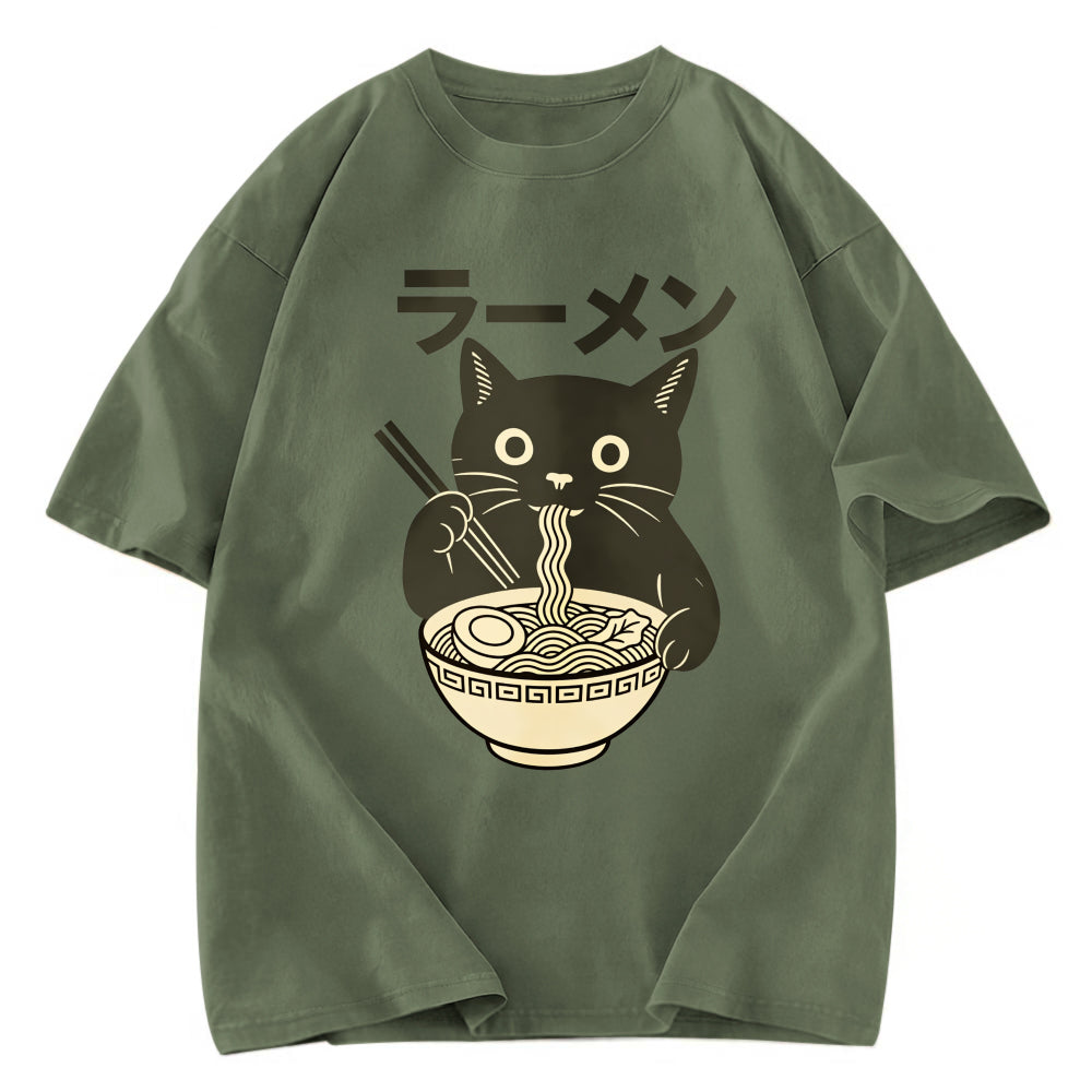 Tokyosol Simple Black Cat Eating Ramen Washed T Shirt