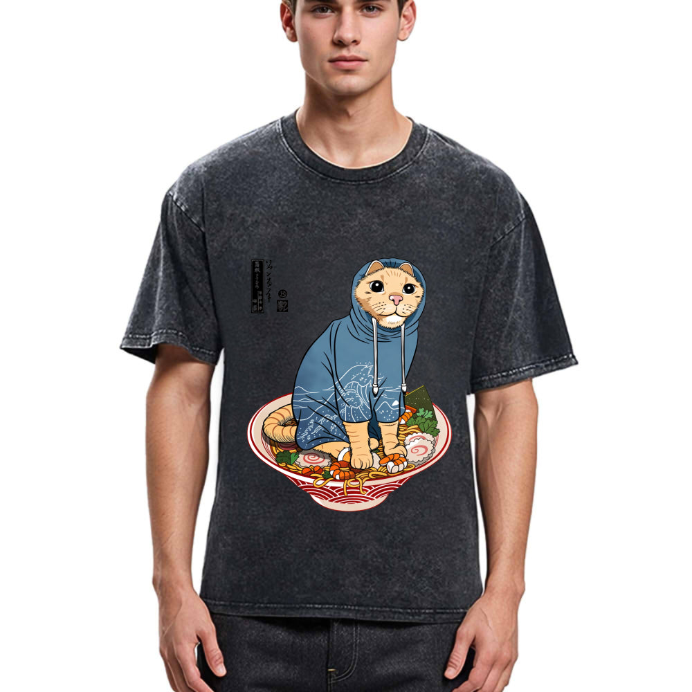 Tokyosol Japanese Cat On Ramen Washed T Shirt