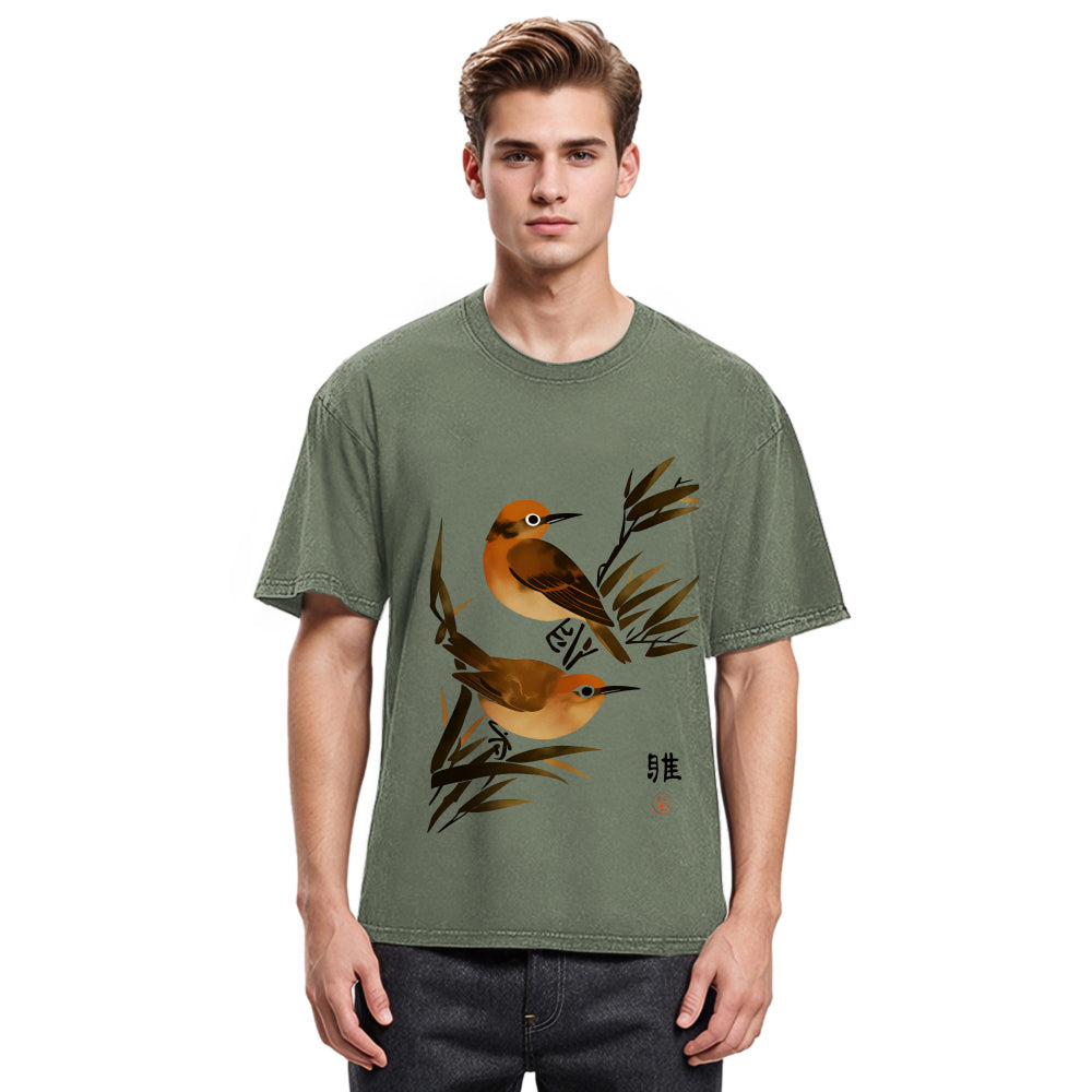 Tokyosol Sparrows Among Bamboo Washed T Shirt