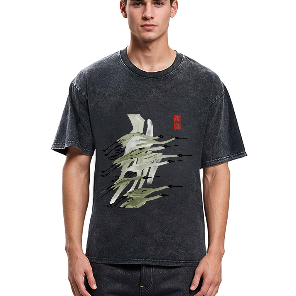 Tokyosol Flock Of Cranes In Flight Washed T Shirt