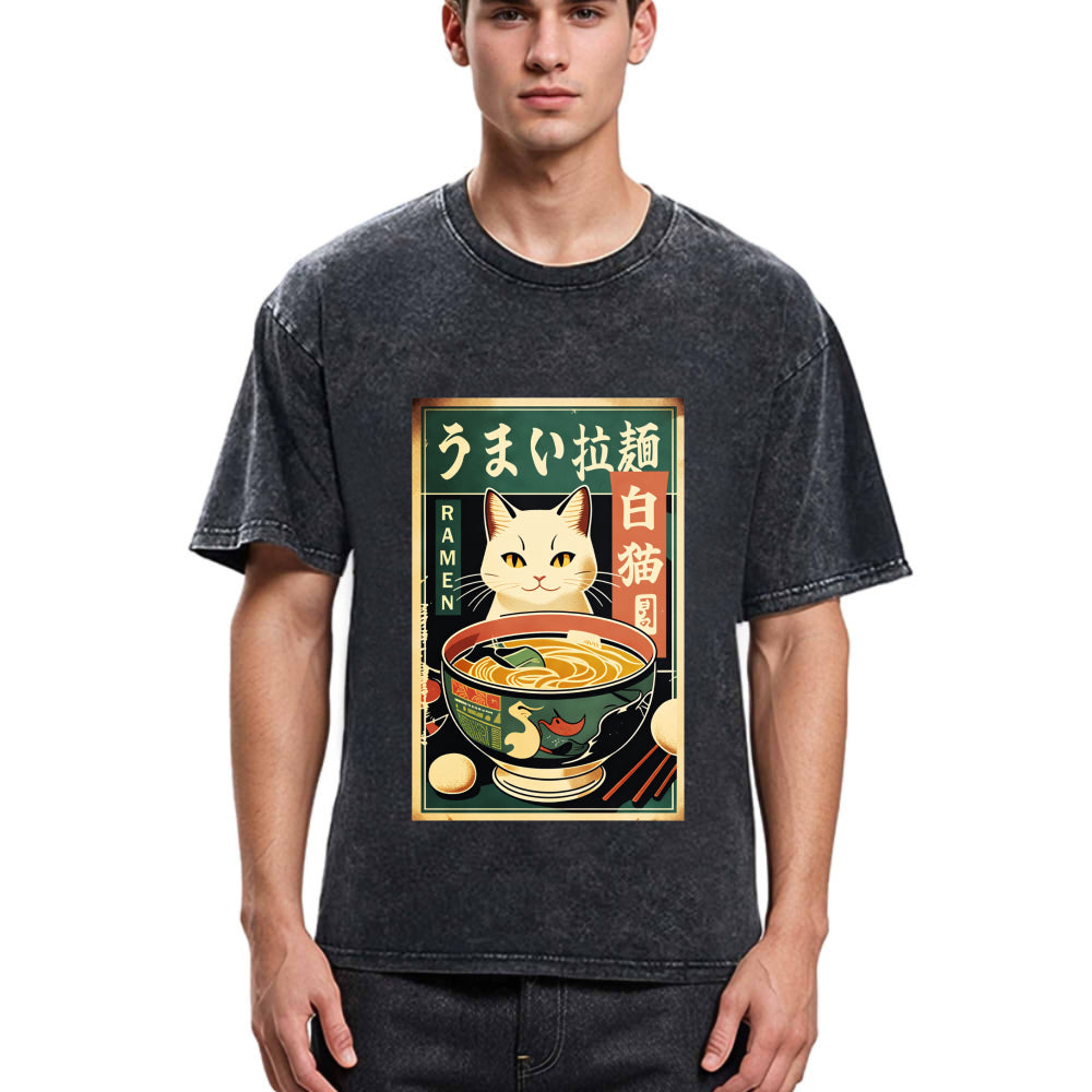 Tokyosol White Cat Eating Ramen Washed T Shirt