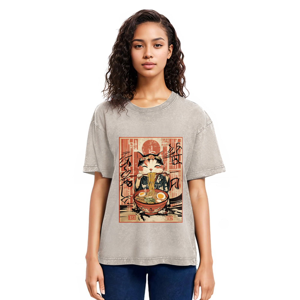 Tokyosol Kawaii Japanese Cute Ramen Cat Washed T Shirt
