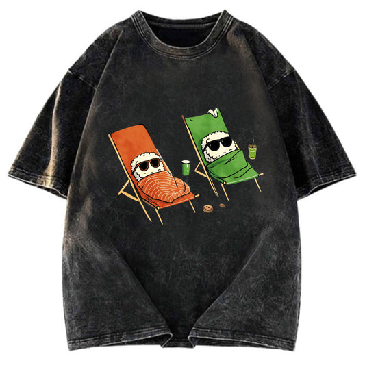 Tokyosol Funny Sushi Sunbathing Washed T Shirt