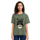 Tokyosol Simple Black Cat Eating Ramen Washed T Shirt