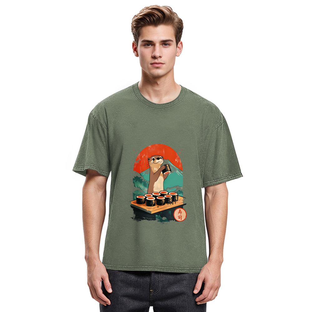 Tokyosol Otter Eating Sushi Washed T Shirt