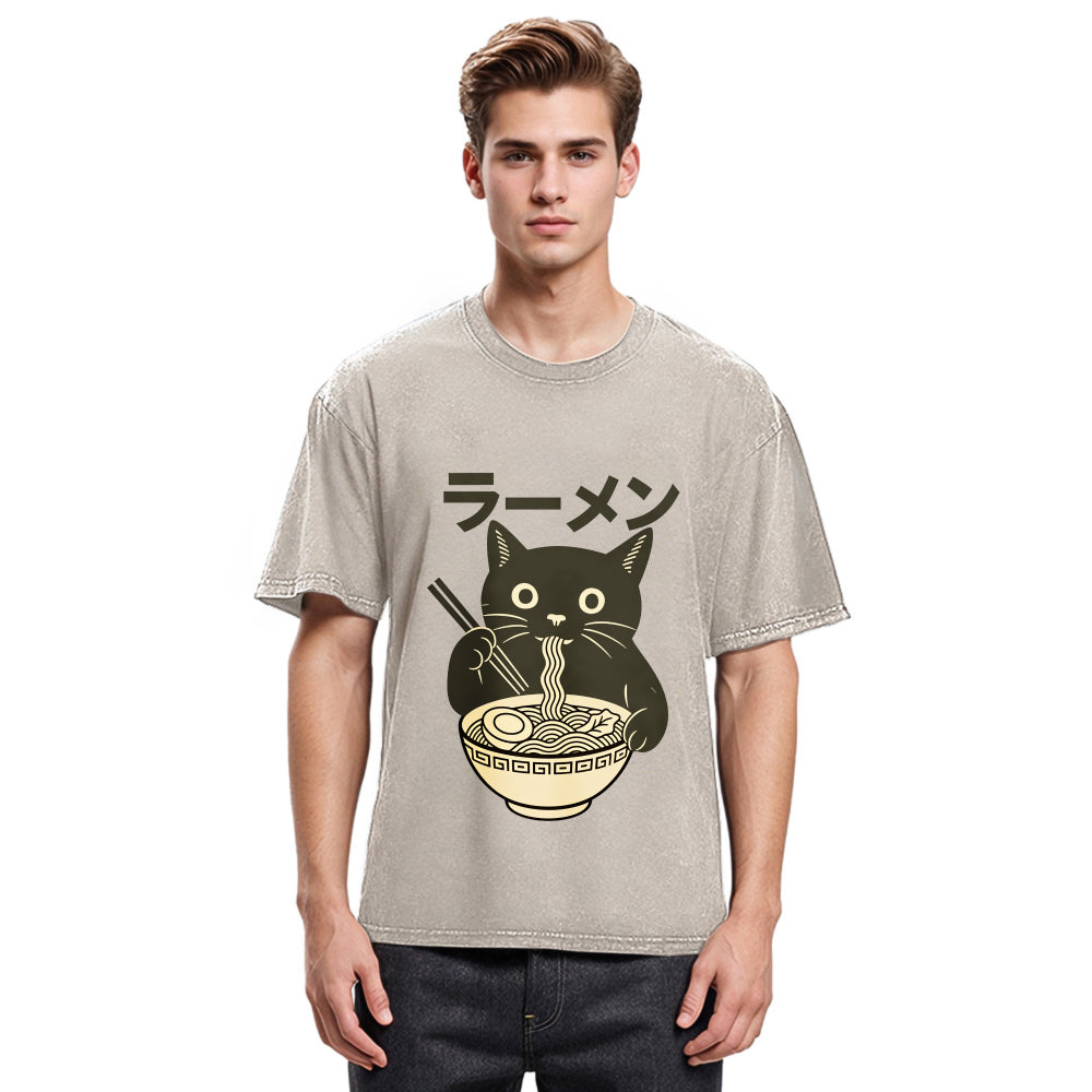 Tokyosol Simple Black Cat Eating Ramen Washed T Shirt