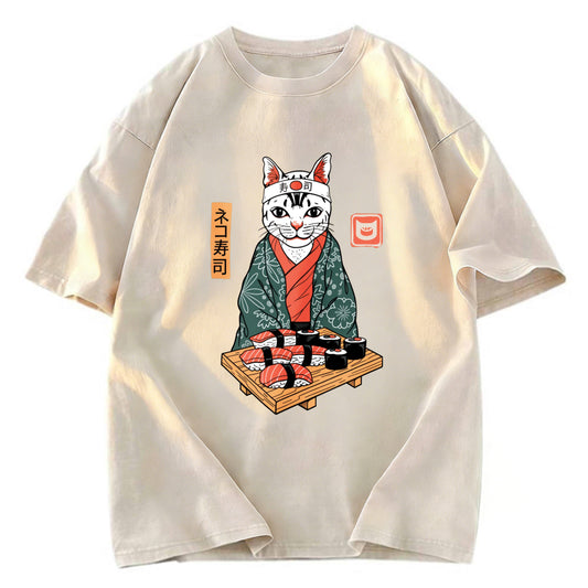 Tokyosol Neko Sushi Japan Culture Creative Washed T Shirt