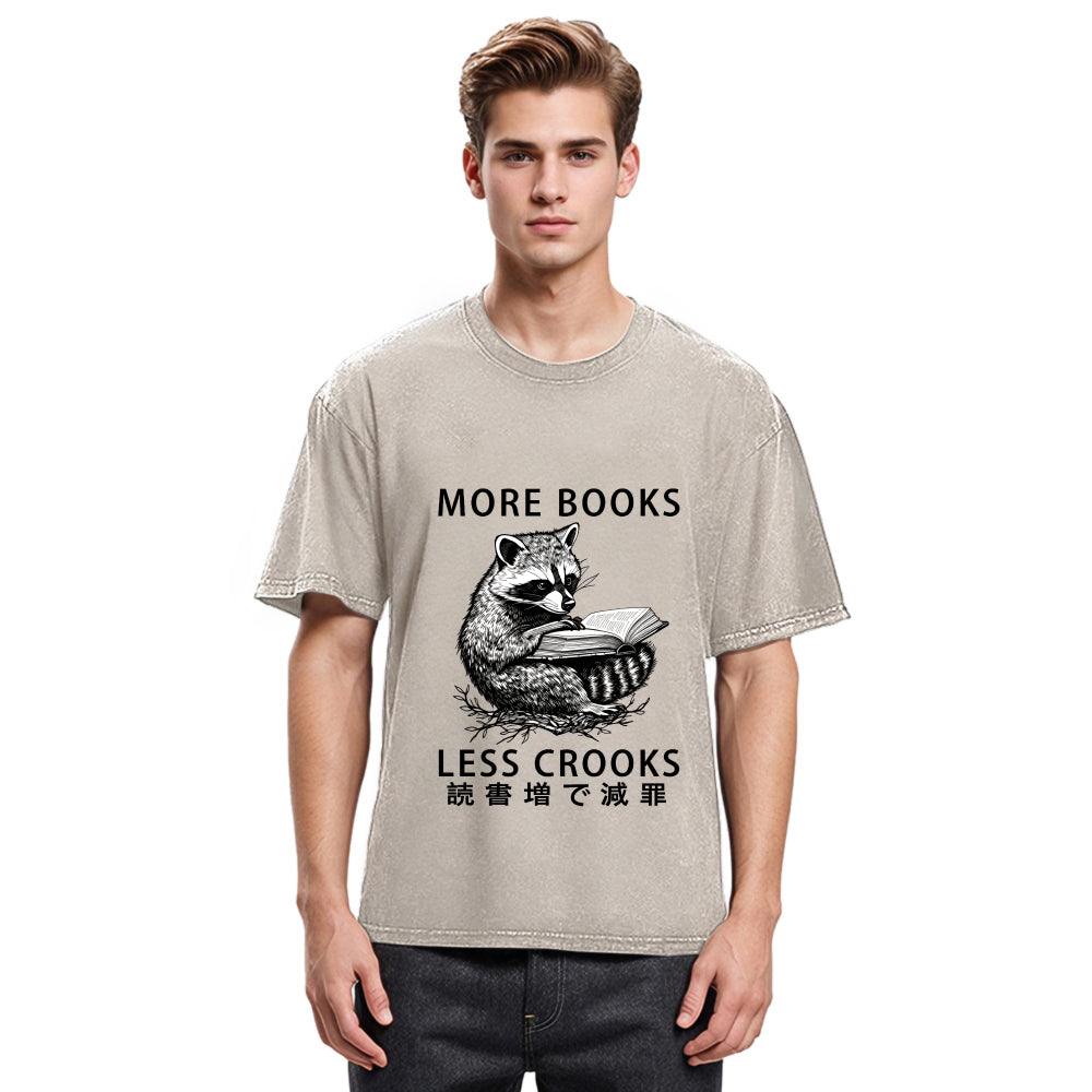Tokyosol Raccoon Reading Books Less Crooks Washed T Shirt
