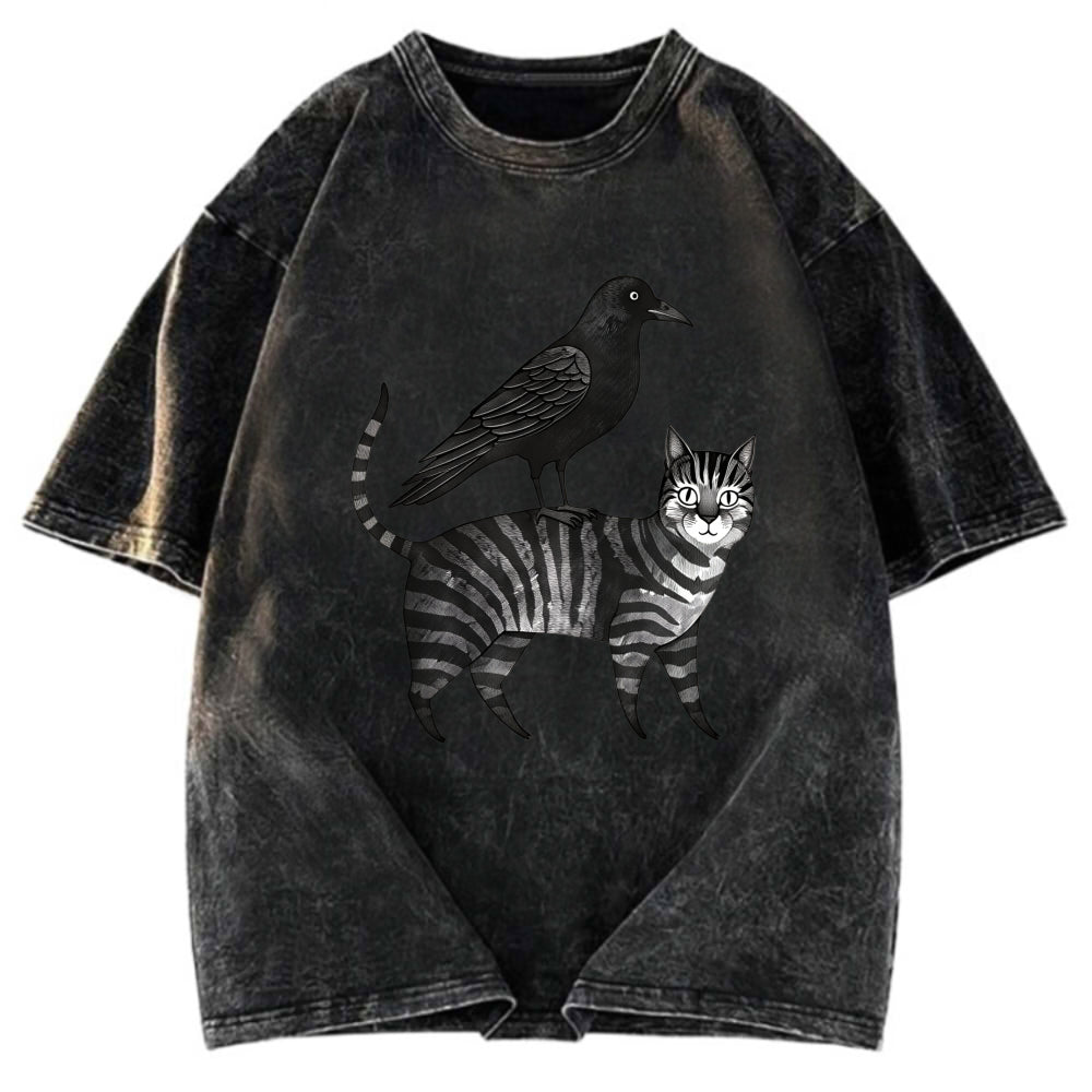 Tokyosol Crow Riding A Cat Washed T Shirt