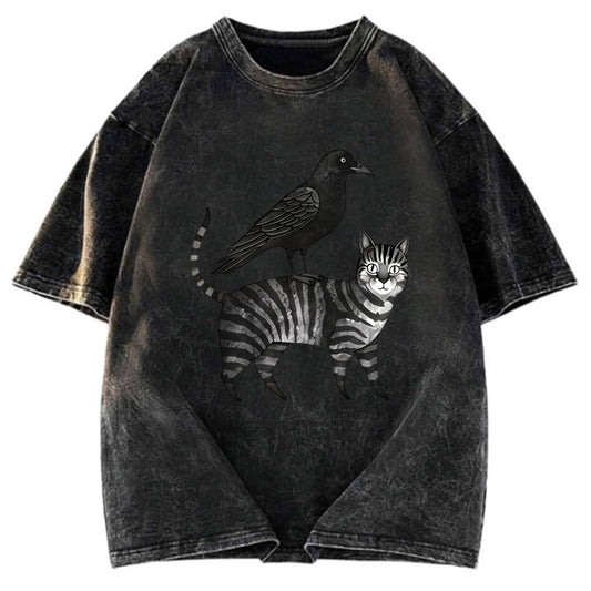 Tokyosol Crow Riding A Cat Washed T Shirt