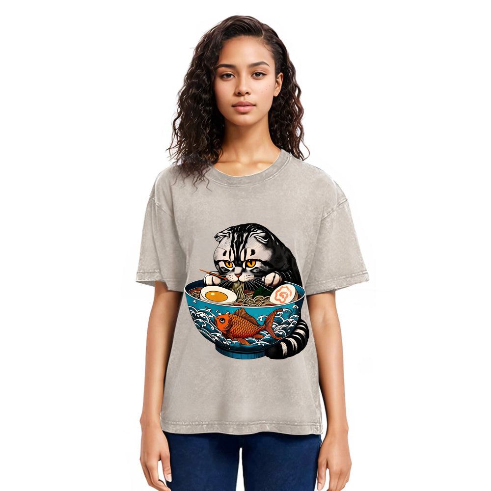 Tokyosol American Shorthair Cat Eating Ramen Washed T Shirt
