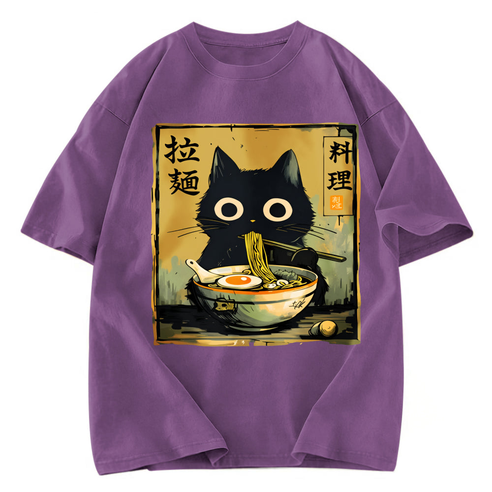 Tokyosol Cute Black Cat Eating Ramen Washed T-Shirt